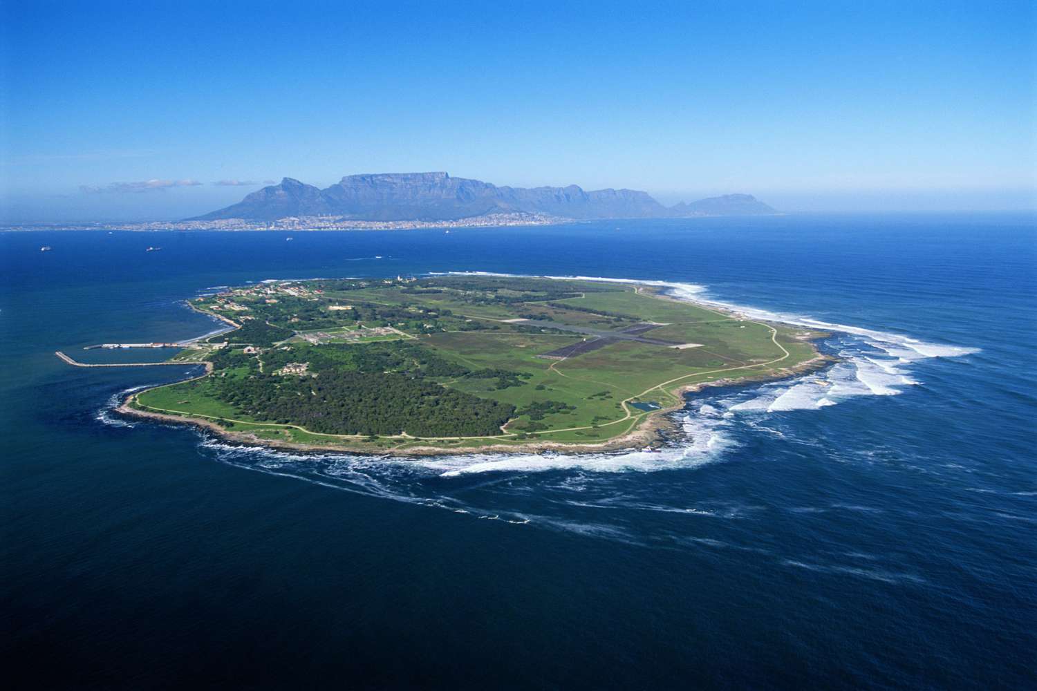 Robben Island near Cape Town with historic buildings and sea surroundings
